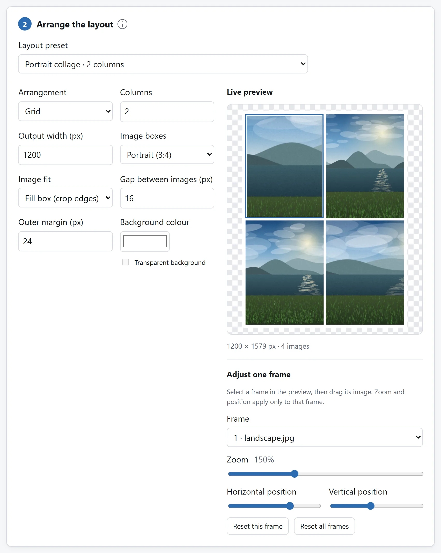 Four images arranged using the portrait collage preset, with one frame selected and its zoom and position controls visible.
