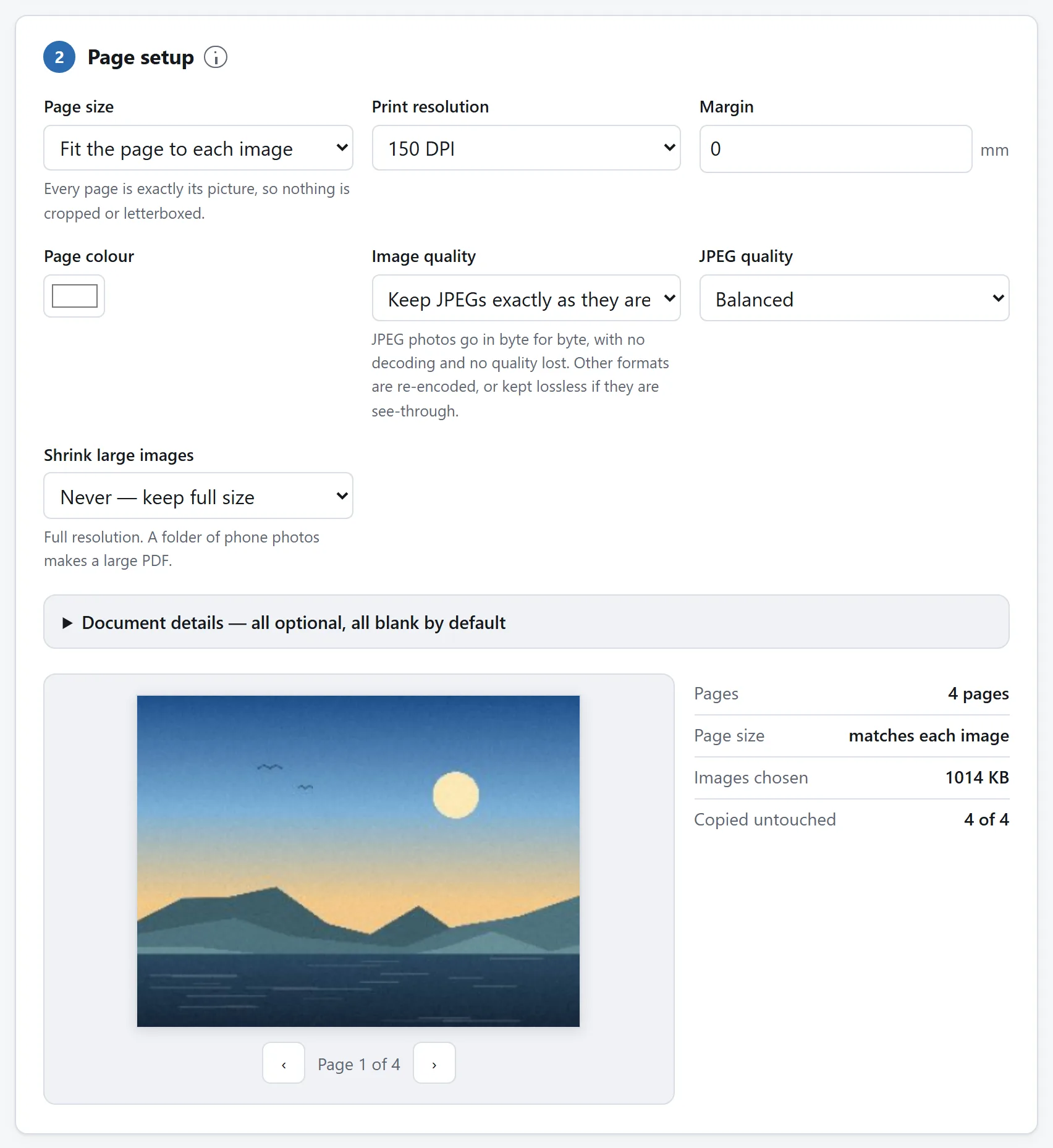 The page settings: page size, orientation, how the image meets the page, the margin, and the background colour.