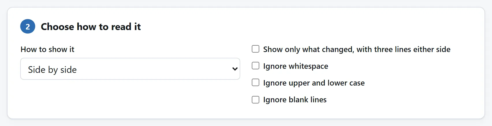 The comparison options: a side-by-side or inline view, a switch for showing only the lines that changed, and switches for ignoring whitespace, case and blank lines.