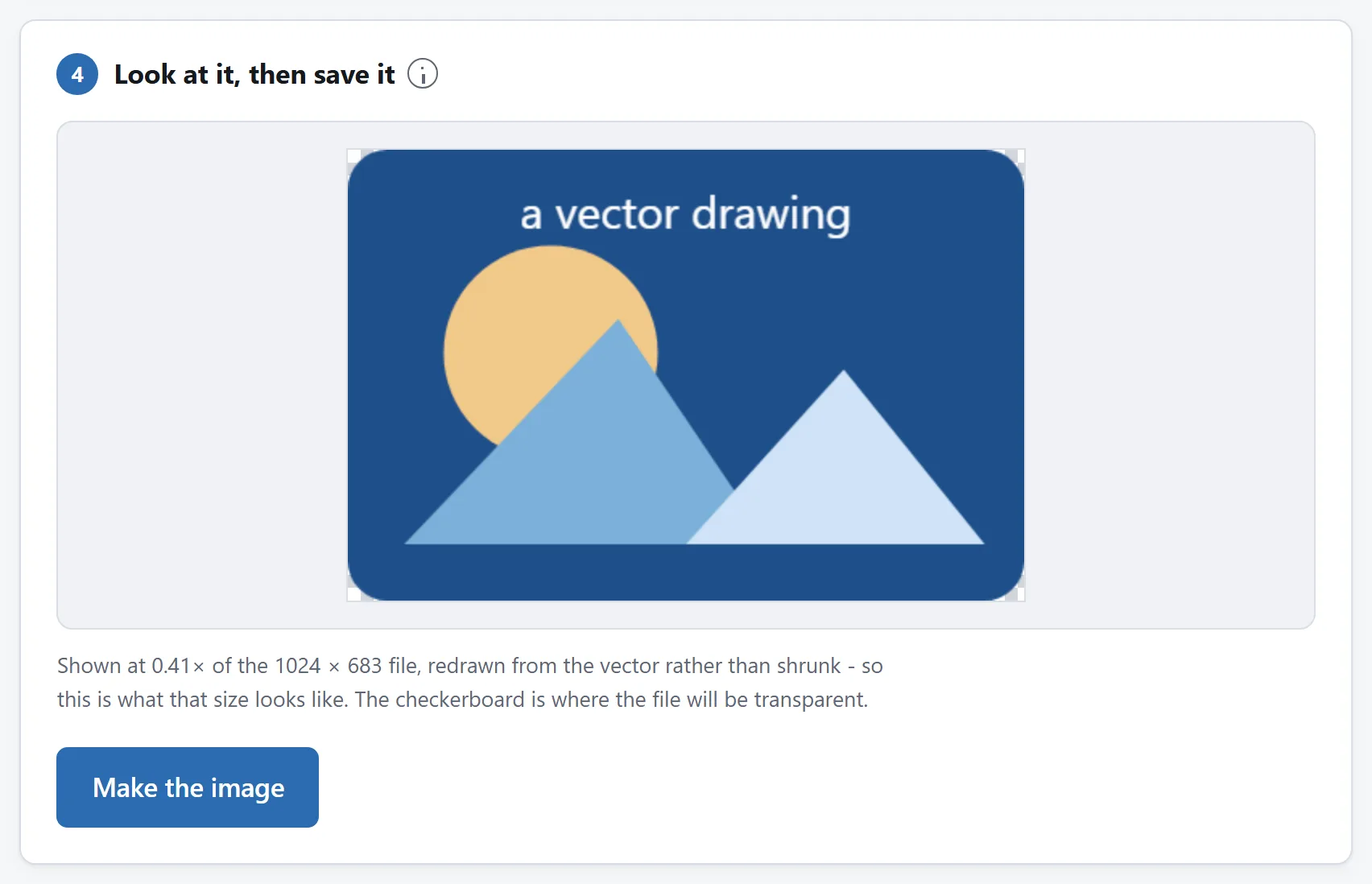 The preview card: the drawing rendered at the size asked for, with its pixel dimensions underneath.