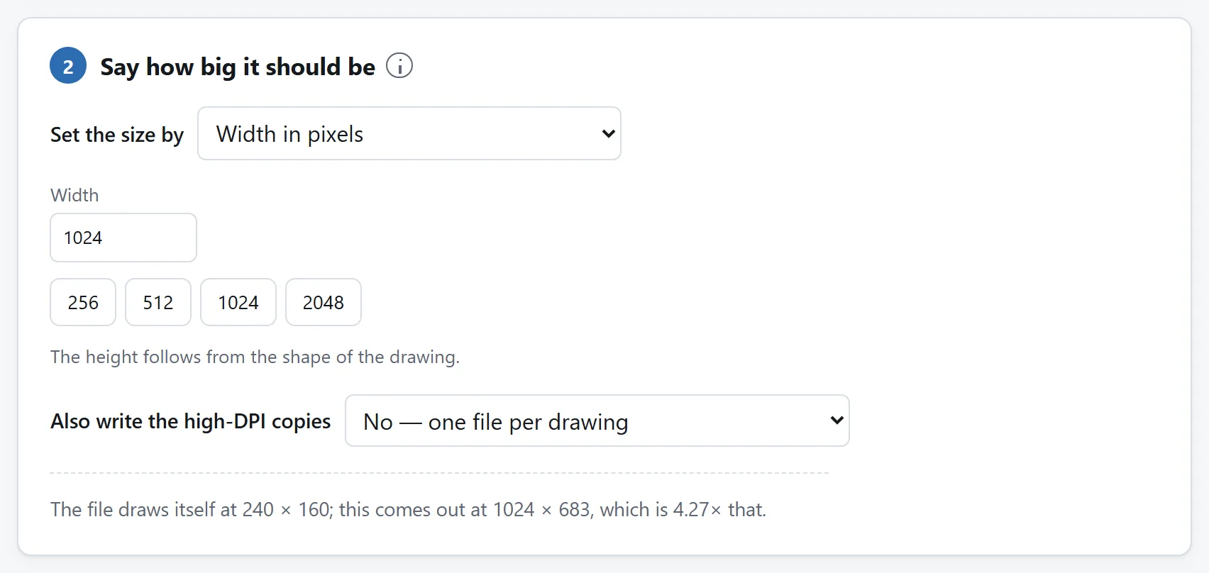 The size card: a menu of ways to say how big, set to width, with 1024 entered and preset widths beside it.