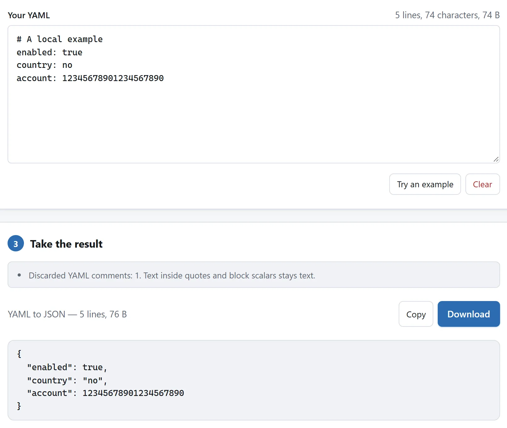 Entrada YAML e saída JSON com a contagem de comentários descartados.