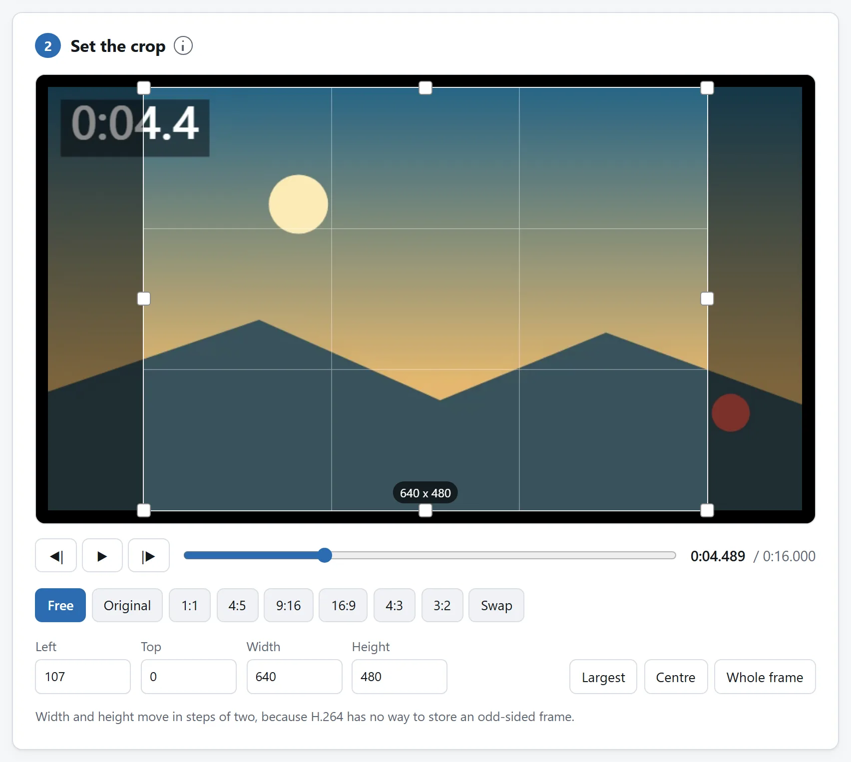 The crop card: a frame of video with a square crop box over the middle of it, and number fields giving the left, top, width and height.
