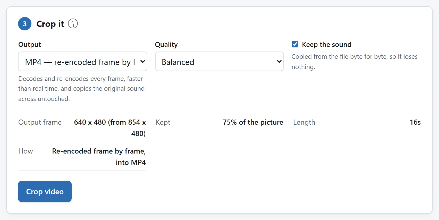 The export card: a format menu, a quality slider, a switch for keeping the sound, and a summary giving the output size, how much of the frame is kept, and the length.