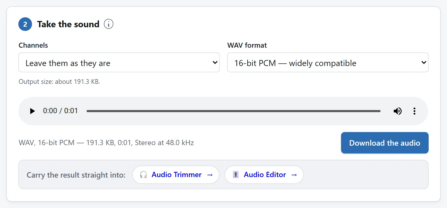 WAV depth and channel choices beside the extracted audio player.
