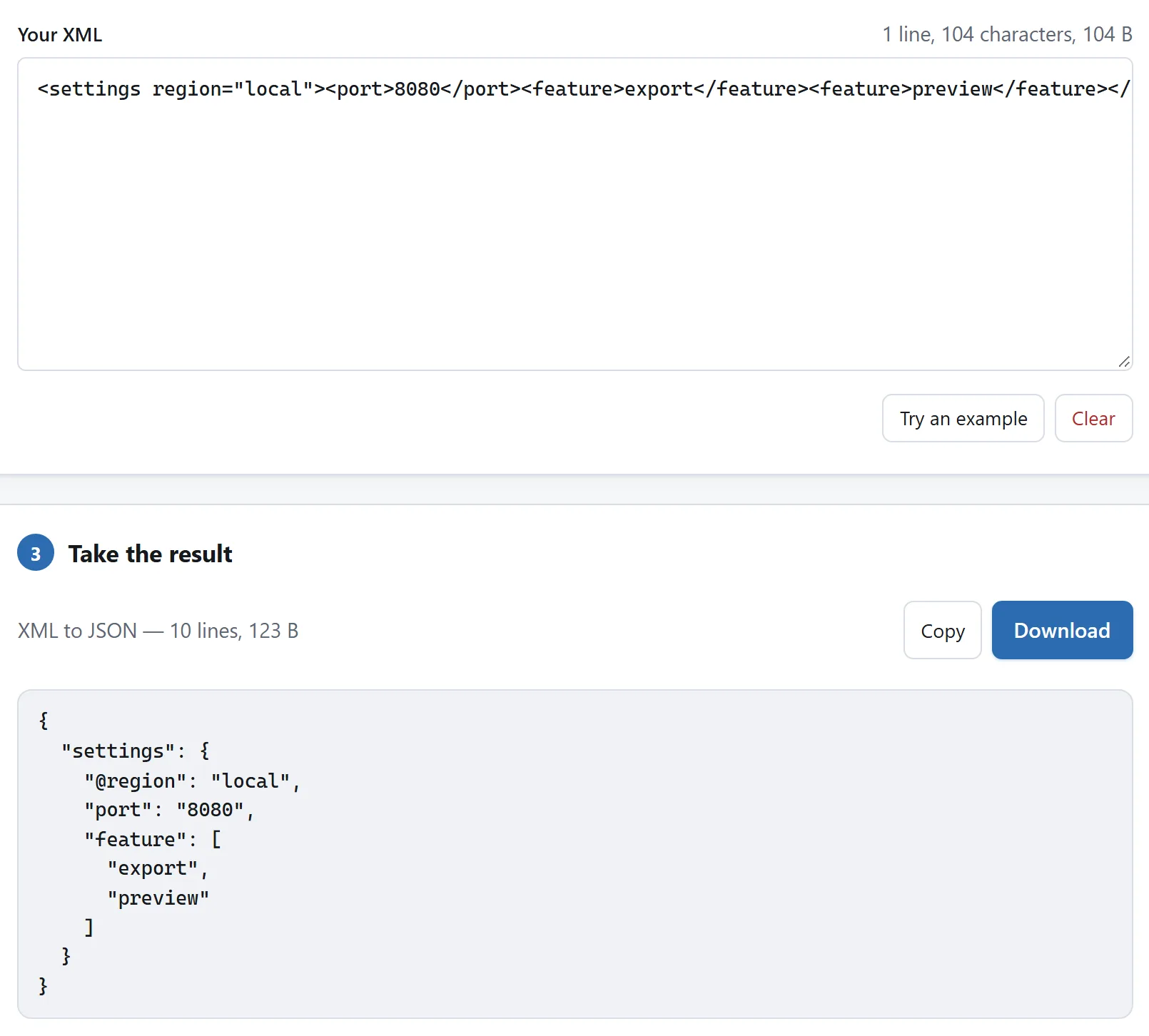 Entrada XML y su conversión JSON con atributo, cadena y elementos repetidos.