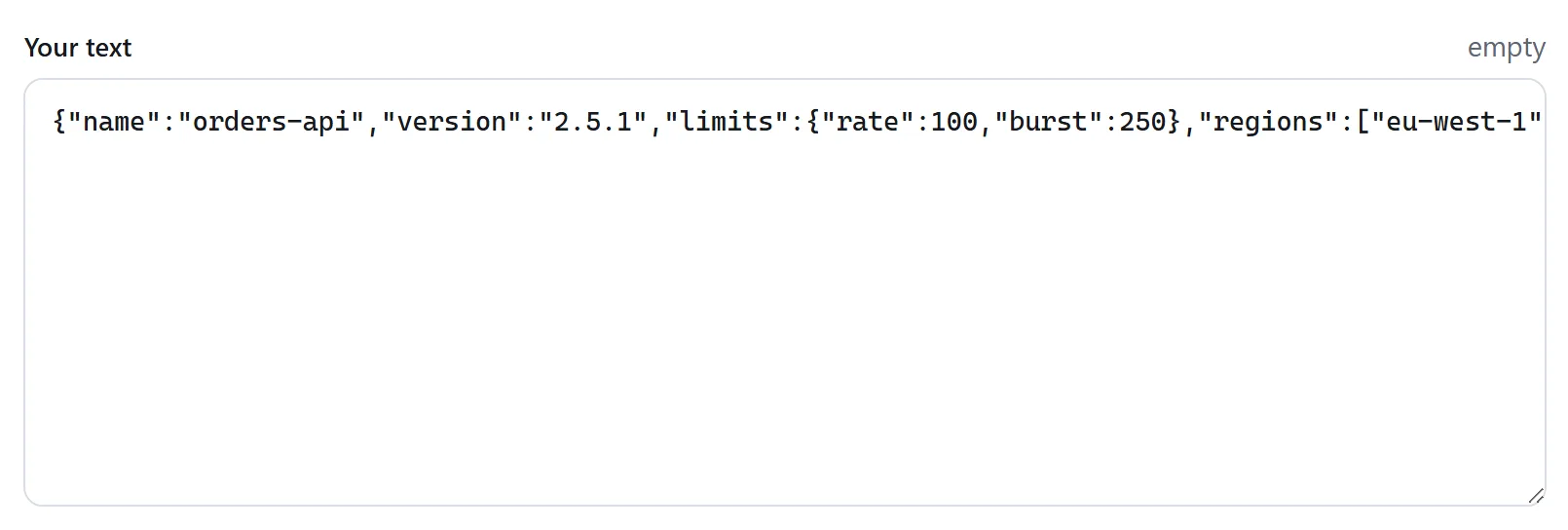 Zwei Bereiche: links eine einzige Zeile JSON, rechts dasselbe Dokument mit zwei Leerzeichen Einrückung formatiert.