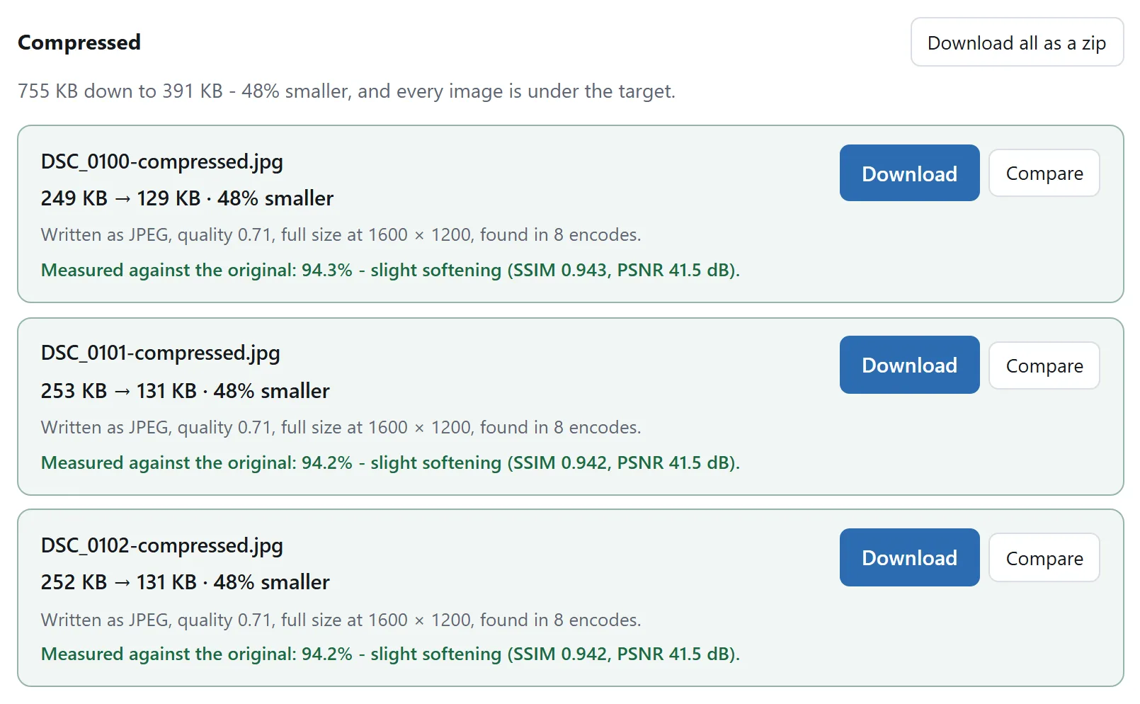 Three result rows, each showing a photograph reduced from megabytes to about 150 kB, with the quality each one landed on.