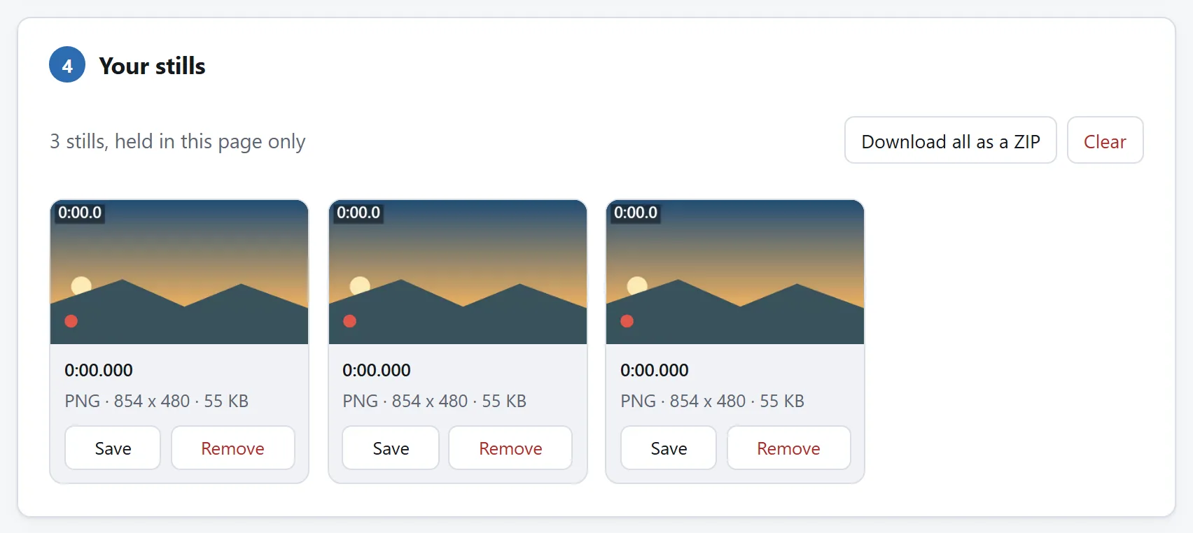 Three stills taken from the same clip, shown as thumbnails with their times, and a button to save all of them at once.