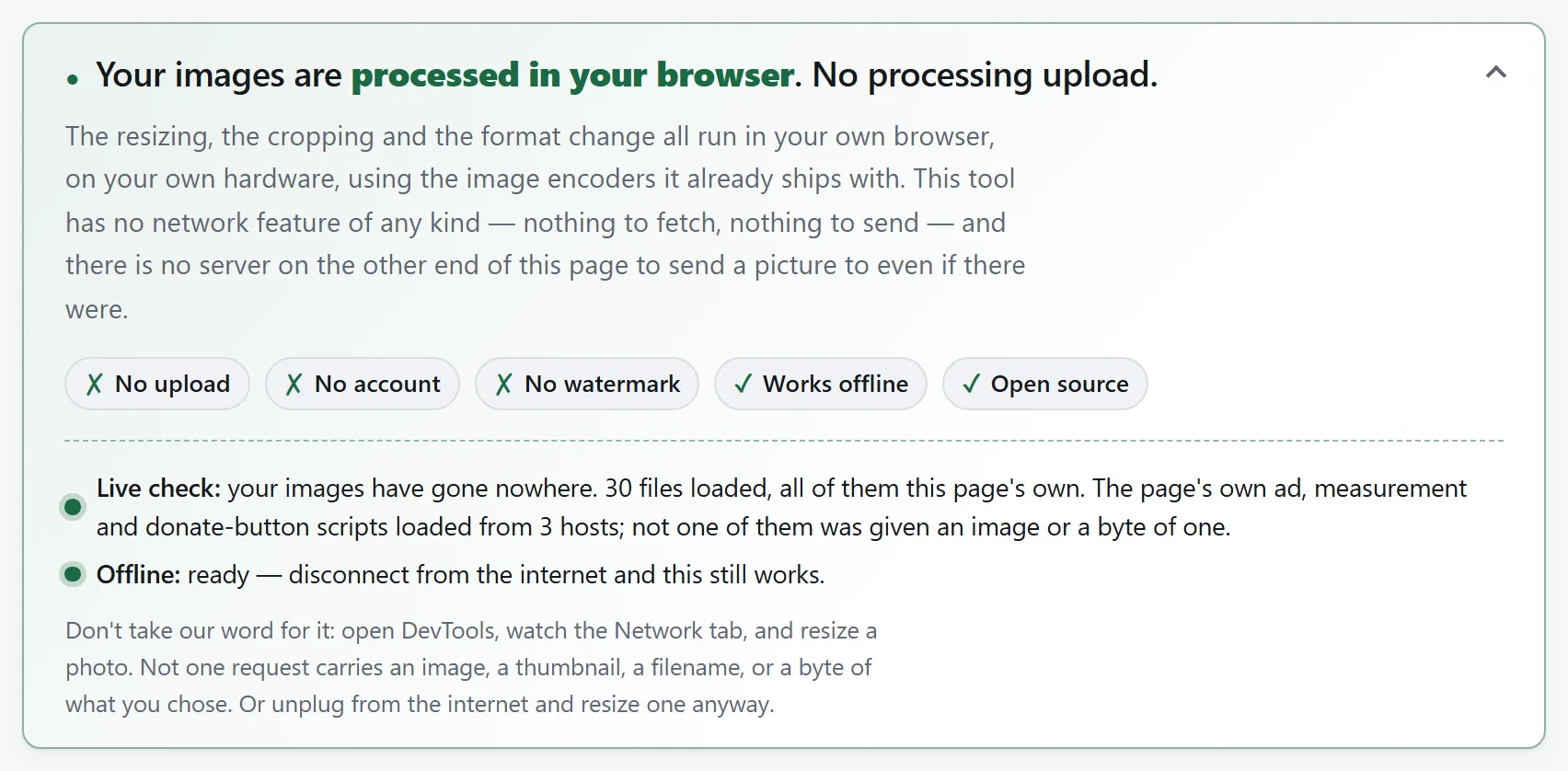 A tool privacy panel showing its local-processing claim, source references and a live summary of loaded resources.