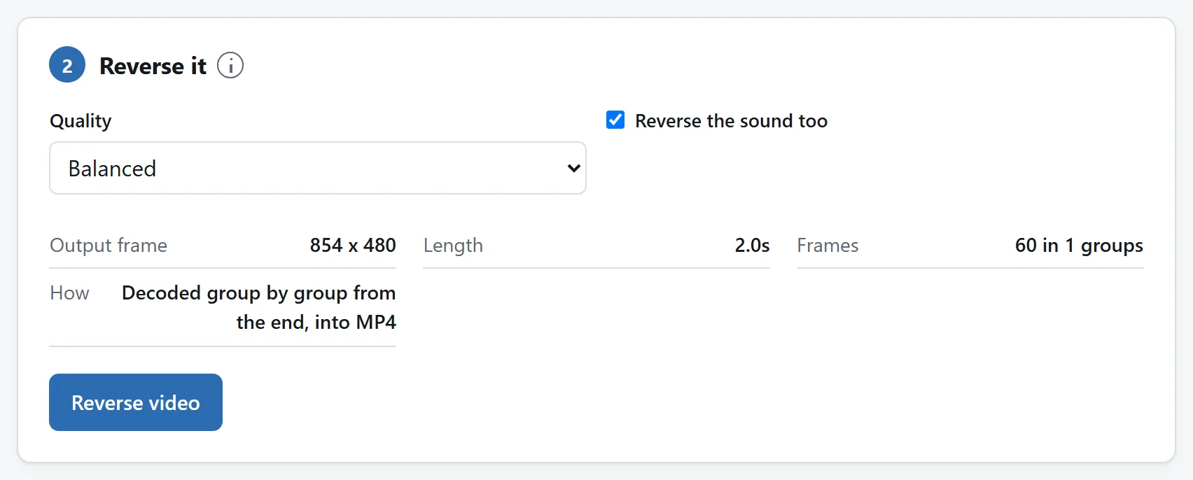 The reverse tool: a summary giving the output size, the length and the number of frames, with a switch for keeping the sound.