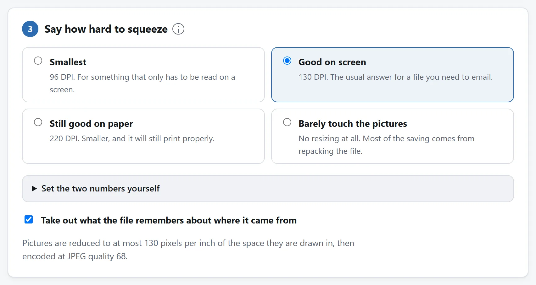 The settings card: presets, a resolution set in DPI, a quality slider, and a switch for stripping metadata, with a summary of what the result should weigh.