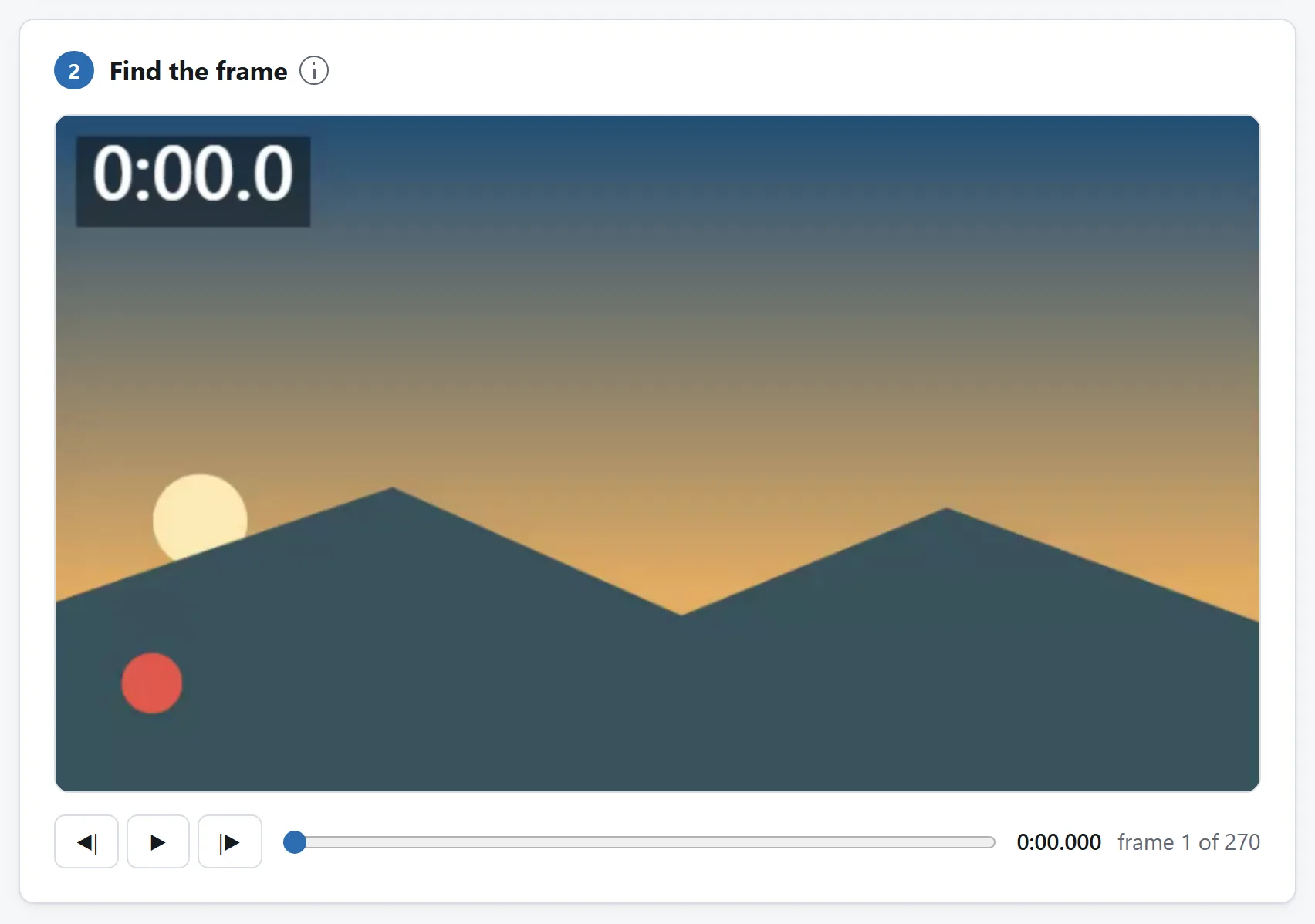 A still from a video with the timecode visible, alongside step and scrub controls and the exact time it was taken from.
