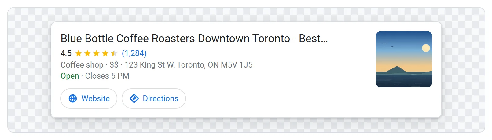 Resultado local com o nome Blue Bottle Coffee Roasters Downtown Toronto - Best... cortado por reticências antes das últimas três palavras.