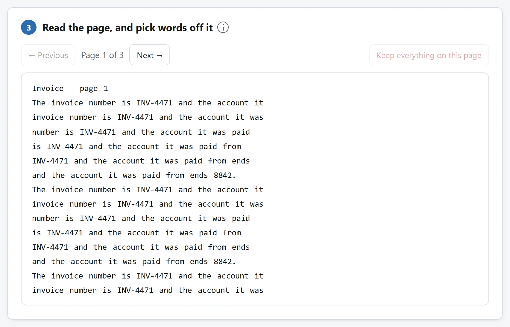 The page card: the text of one page, extracted and selectable, with the matched terms highlighted in it.