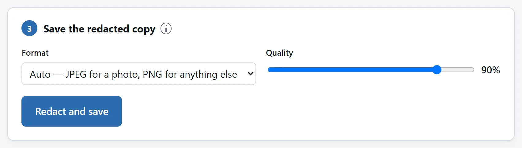 The save card: a format menu, a quality slider, and a note saying the covered pixels are removed from the file that is written.