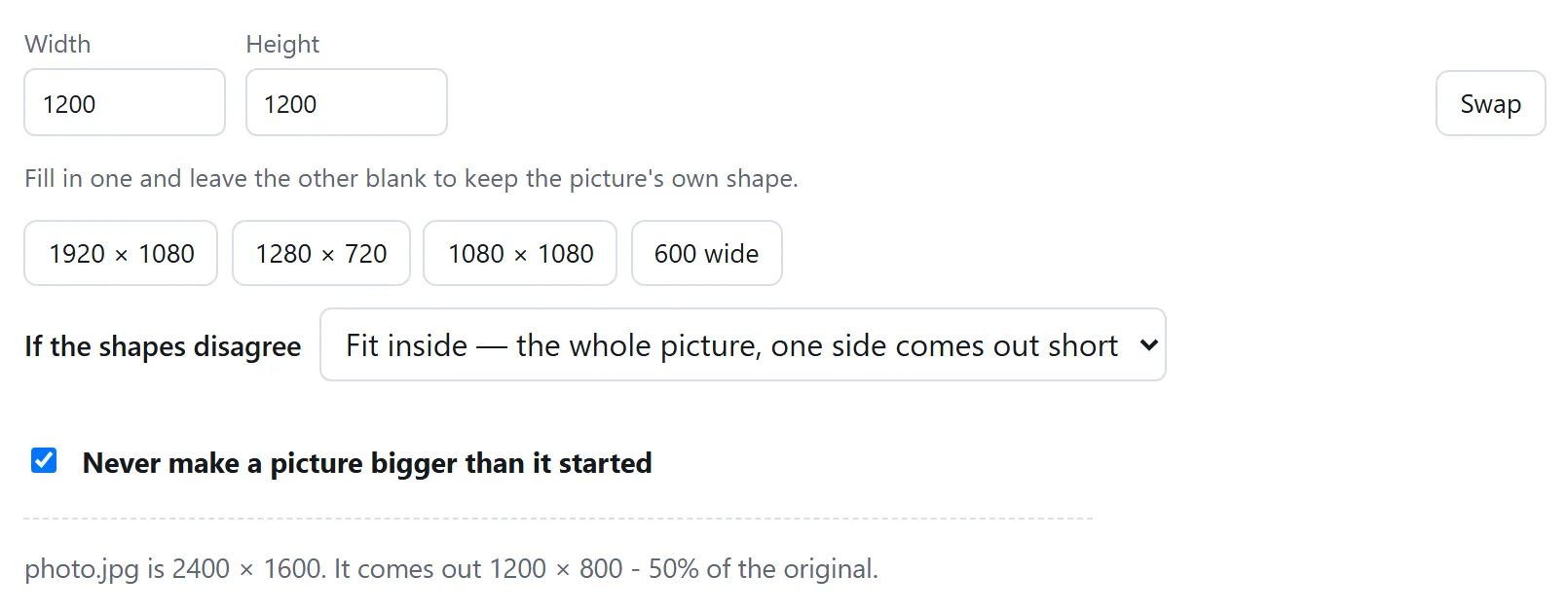 The same fields with 1200 in both, and a menu below them reading: if the shapes disagree, fit inside - the whole picture, one side comes out short.