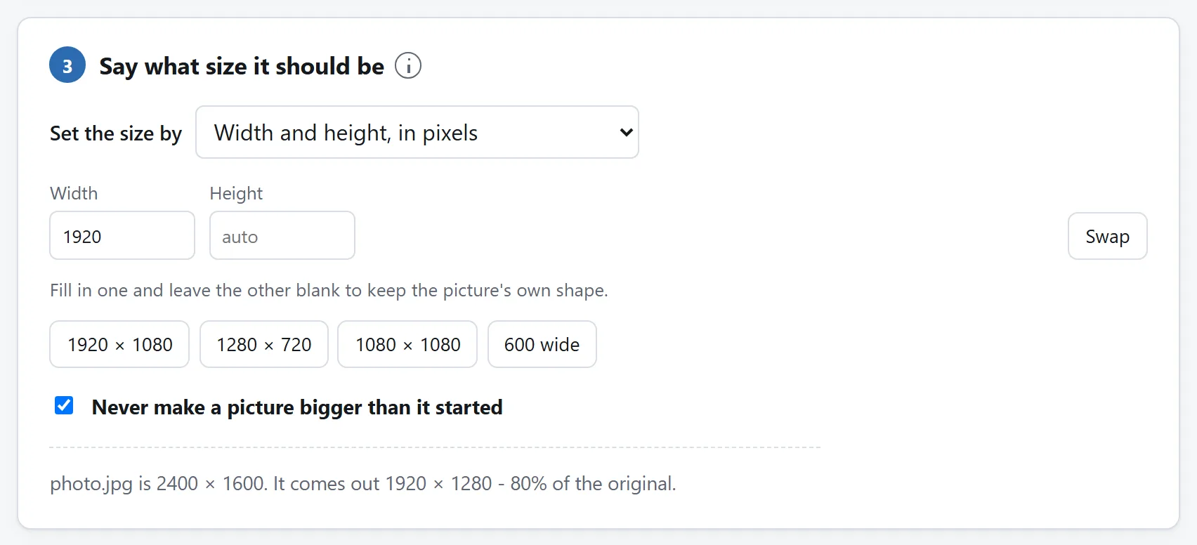 Step 3 of the Image Resizer: a width of 1920, a height left reading auto, and a line underneath reading that photo.jpg is 2400 by 1600 and comes out 1920 by 1280.