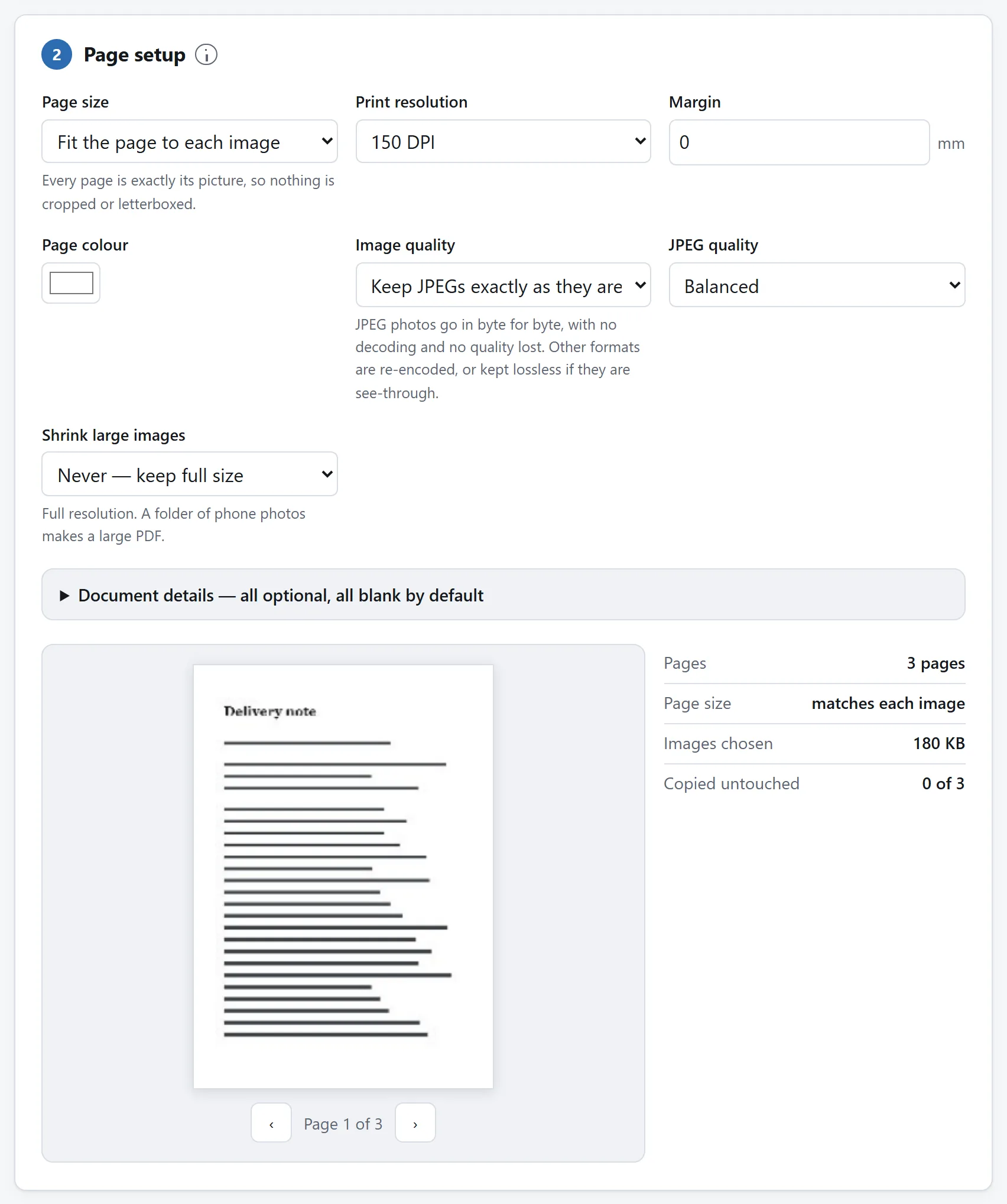 The PDF builder with the three cleaned pages listed, above the page size, orientation and margin settings.
