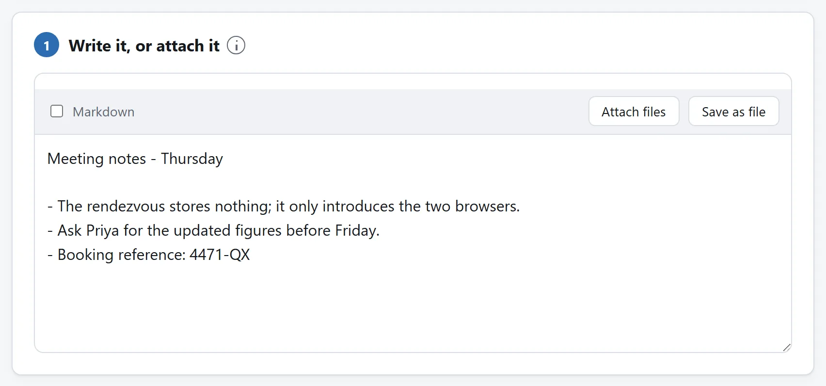 分享工具的第一张卡片：一个文本框里放着几行会议记录，上面是 Markdown 开关和添加附件的按钮。