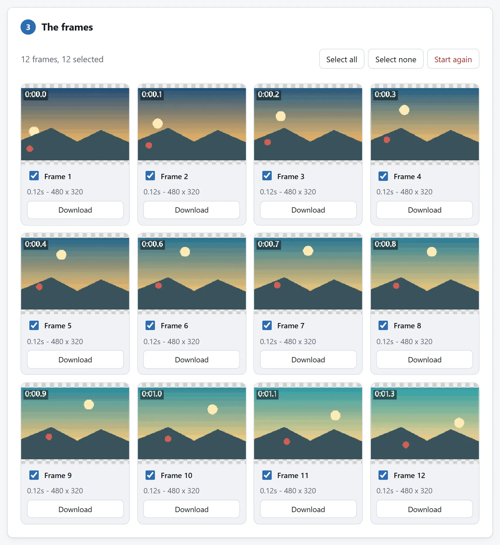 Twelve numbered frames of an animation, each shown as a picture with the delay it is held for.