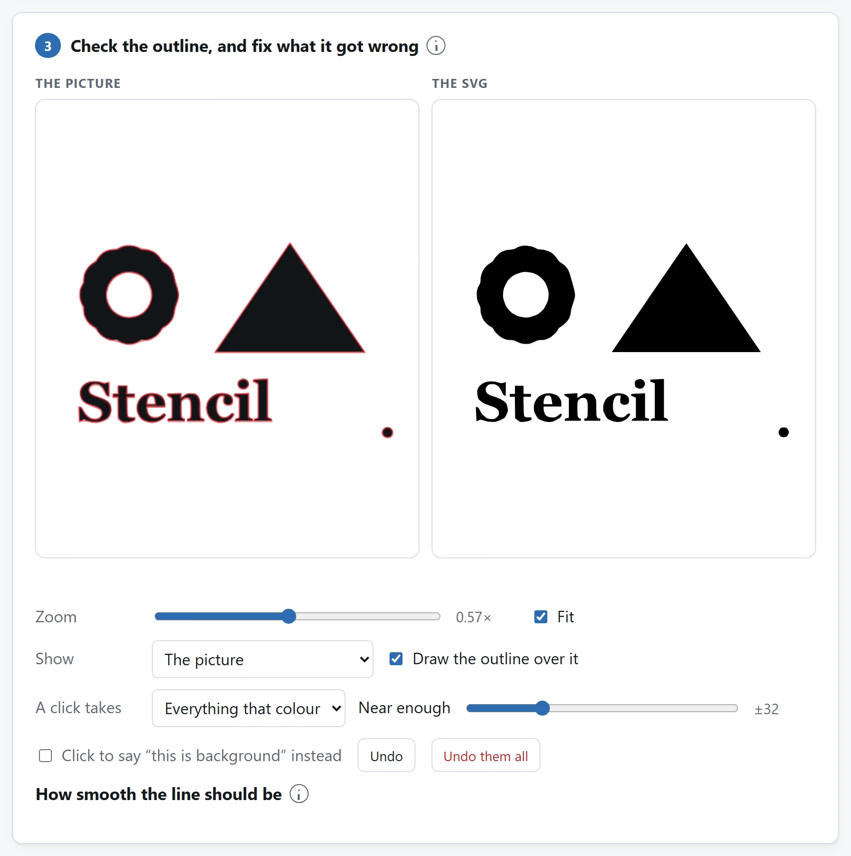 The two panes: the picture with a red traced outline over it on the left, and the finished SVG on the right.