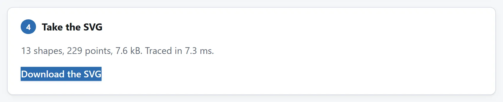 The last step: how many shapes and points the drawing has, its size, and the download button.