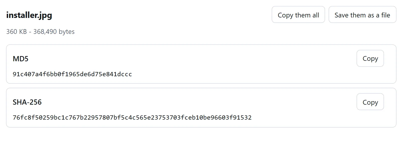 結果のカード。一つのファイルのMD5・SHA-1・SHA-256・SHA-512が、それぞれコピーボタン付きで並んでいます。